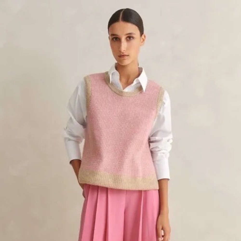 ME+EM Merino Cashmere Silk Lace Stitch Vest Pink Oatmeal Sz XS Chic Preppy Soft